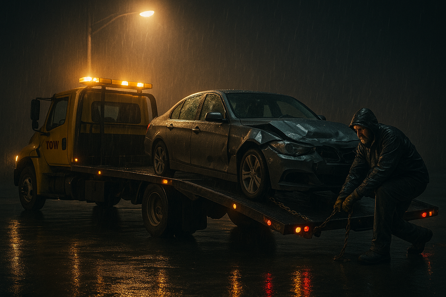 Tow truck life captured at night with a rain-soaked driver securing a wrecked car under a streetlight.