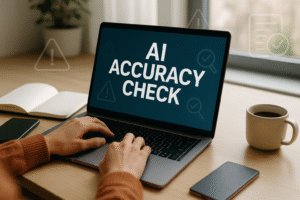 Blogger working at a desk with laptop showing “AI Accuracy Check” — article about AI accuracy in affiliate marketing.