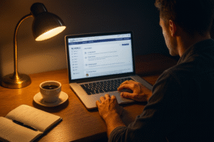 Wealthy Affiliate review image showing a laptop with the Wealthy Affiliate dashboard open on screen.