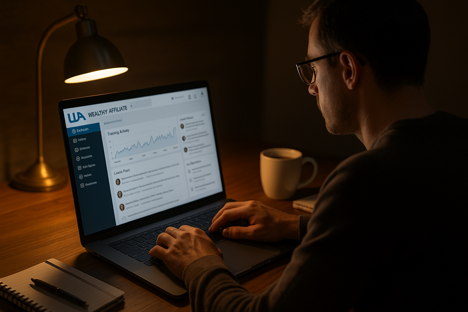 Person researching whether Wealthy Affiliate is a scam or legit on a laptop, Wealthy Affiliate dashboard visible.