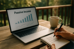 Person tracking passive income for wealth building on a laptop while relaxing outdoors.