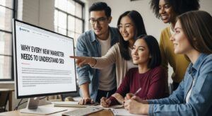 group of friends looking at a webpage that says Why Every New Marketer Needs to Understand SEO