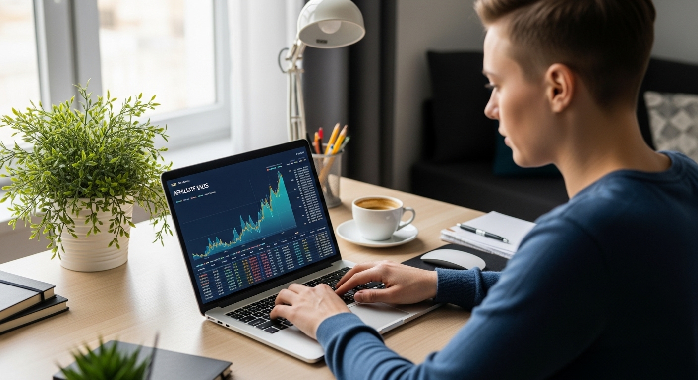 Entrepreneur working on a laptop with affiliate sales charts, showing how affiliate marketing works in 2025.