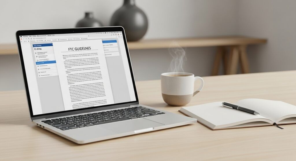 Laptop on desk showing FTC guidelines with coffee and notebook, used for Wealth With Mike affiliate disclosure.