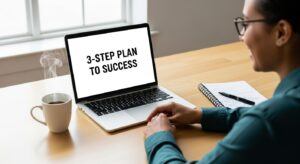 Person working at a desk with a laptop screen showing “3-Step Plan to Success,” symbolizing starting small, learning, and taking action.