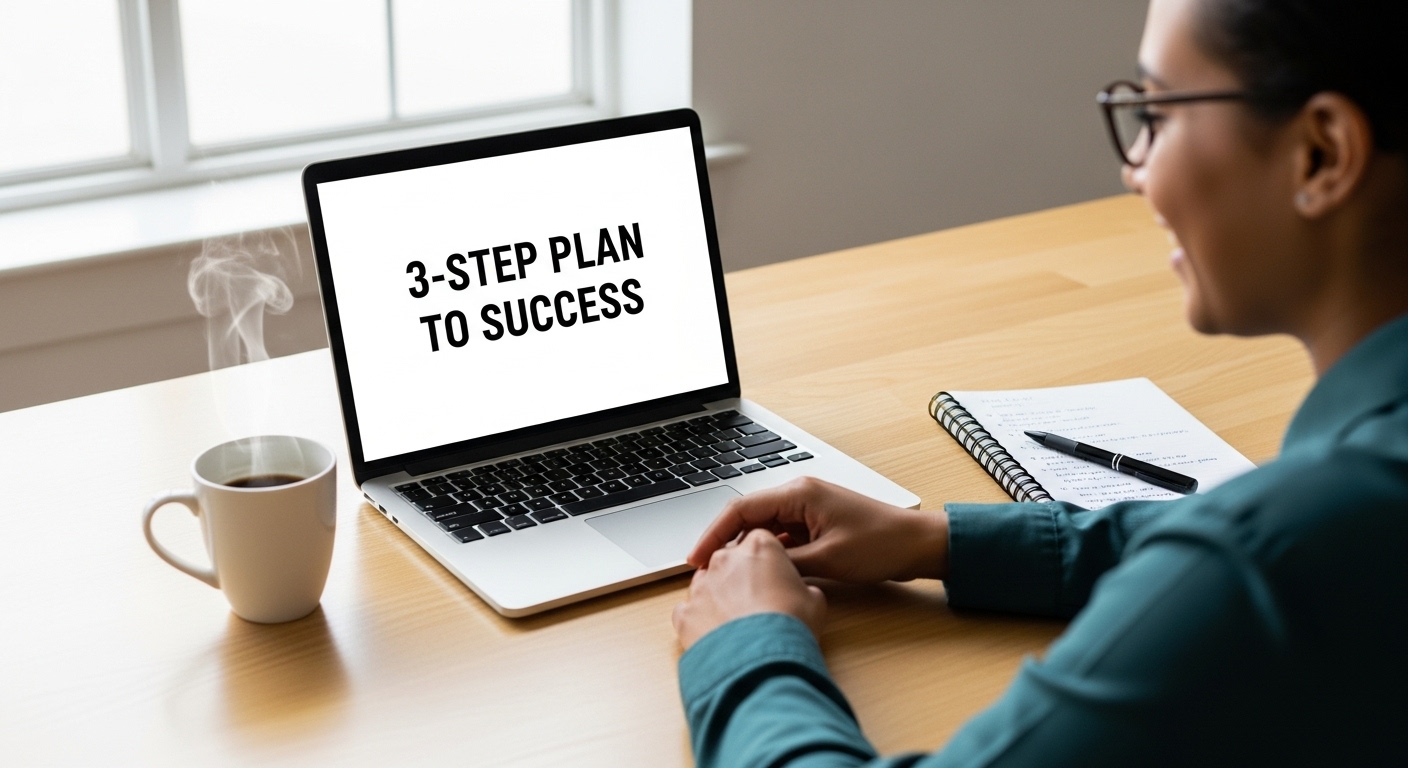 Person working at a desk with a laptop screen showing “3-Step Plan to Success,” symbolizing starting small, learning, and taking action.