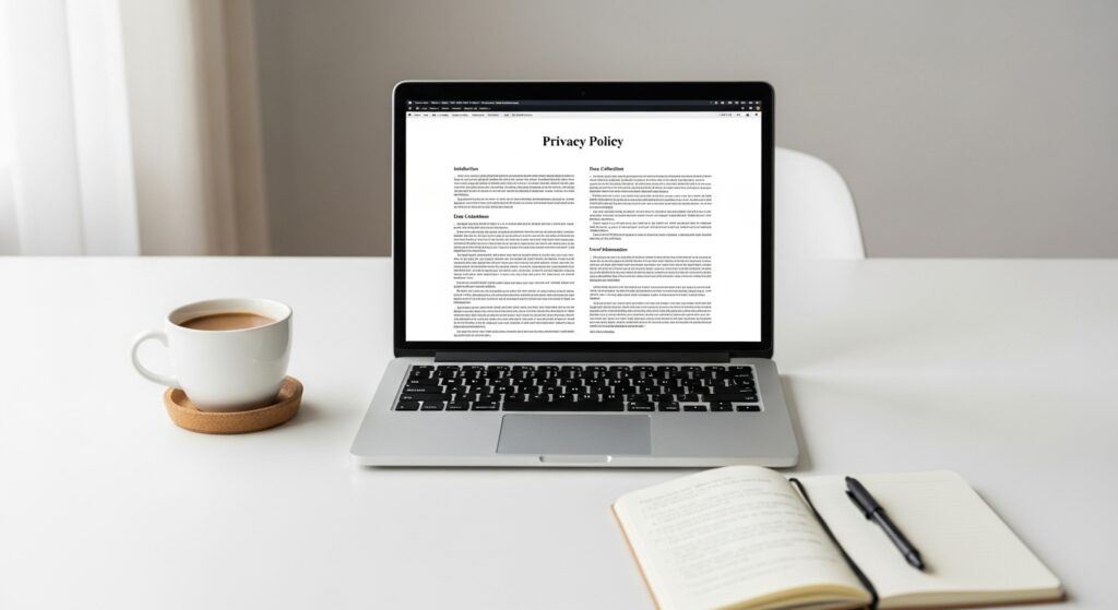 Laptop on desk showing a privacy policy document with coffee and notepad, used for Wealth With Mike privacy policy page.