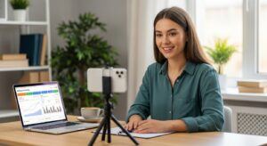 Content creator recording a video at home with laptop showing affiliate dashboard, exploring affiliate marketing without a website.