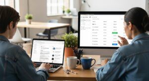 Comparison of affiliate marketing vs dropshipping showing blogger and store owner working side by side.