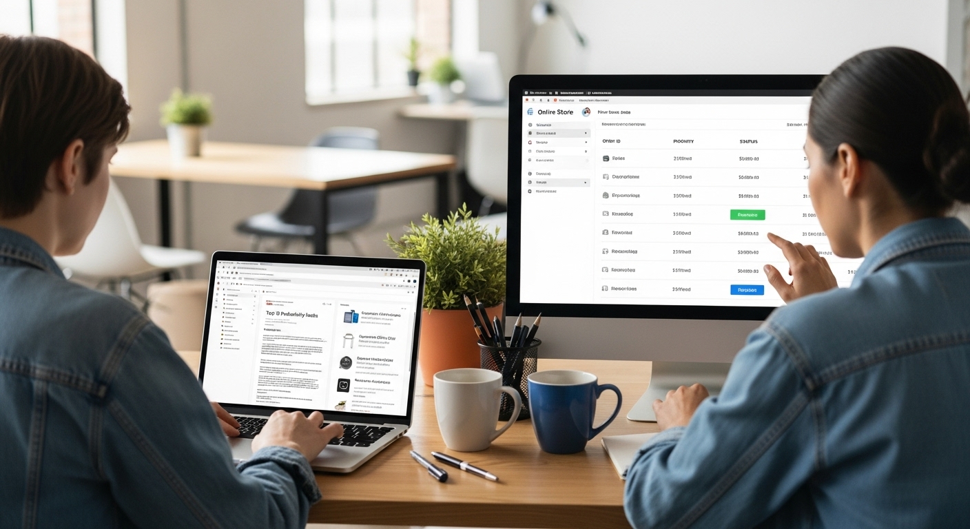 Comparison of affiliate marketing vs dropshipping showing blogger and store owner working side by side.