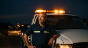 Tow truck with hazard lights flashing at night, representing marketing for first-time founders.