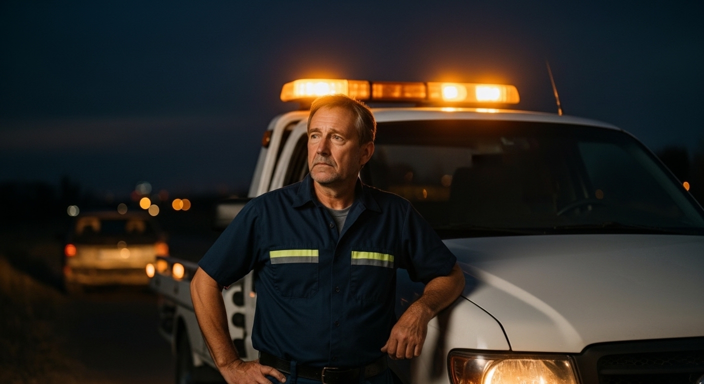 Tow truck with hazard lights flashing at night, representing marketing for first-time founders.