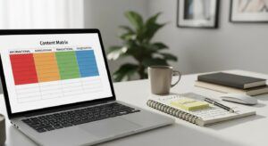 Content matrix chart showing search intent types and keywords on a laptop screen with notes and sticky tags.