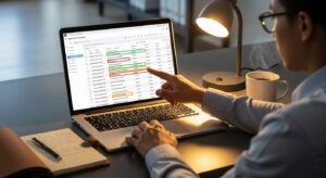 Ultra-realistic 16:9 editorial photo of a person analyzing keyword data on a laptop. On the screen: keyword research tool with highlighted phrases. Desk with notepad, coffee, and warm light. Motivational, professional blog-style composition.