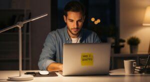 Man working late on laptop with note that says “Why I Started,” symbolizing how to stay motivated on your wealth journey.