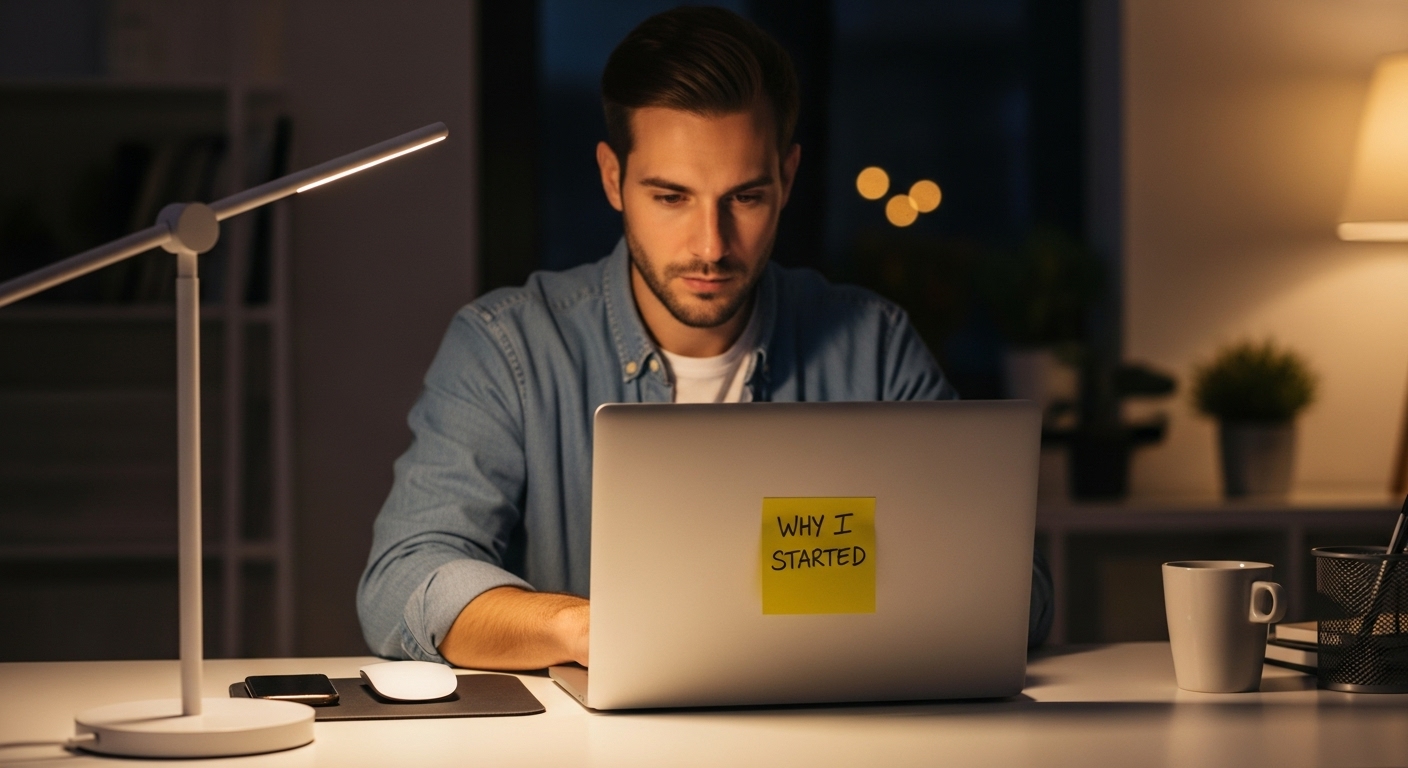 Man working late on laptop with note that says “Why I Started,” symbolizing how to stay motivated on your wealth journey.