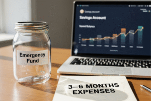 Ultra-realistic photo of a savings jar labeled “Emergency Fund” with a laptop balance and notepad showing 3–6 months expenses — why emergency funds matter.