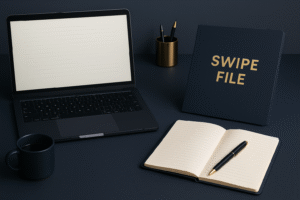 Minimal dark navy and gold image showing a workspace with a laptop and folder labeled “Swipe File” representing organized marketing ideas.