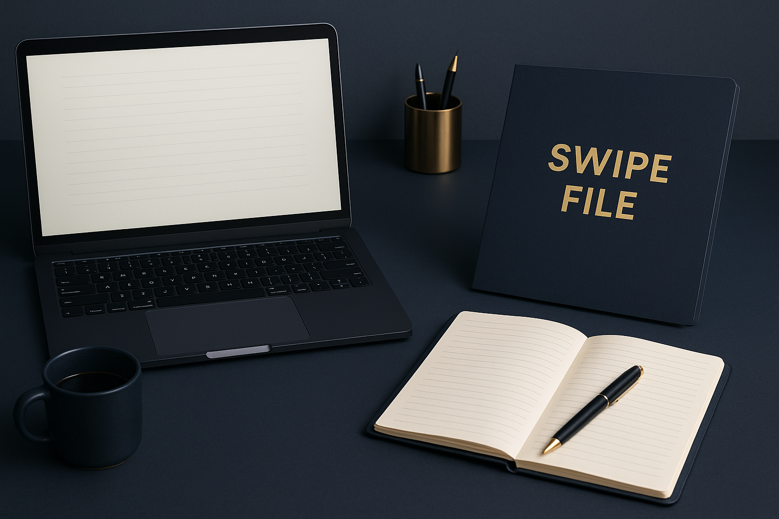 Minimal dark navy and gold image showing a workspace with a laptop and folder labeled “Swipe File” representing organized marketing ideas.