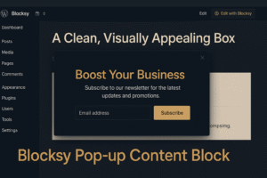 Dark navy and gold WordPress dashboard with Blocksy Pop-up Content Block displayed on screen.