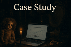 cursed object affiliate marketing — antique shop with haunted items and laptop showing earnings