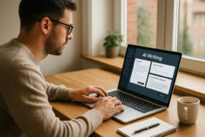 Blogger using AI content generation tools with RightBlogger dashboard on laptop screen, showing blog templates and SEO features.