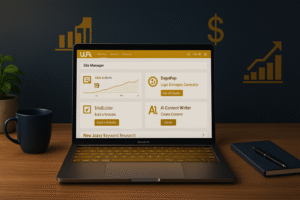 Laptop on a desk showing a Wealthy Affiliate website dashboard with navy and gold colors, related to Wealthy Affiliate Free Trial.