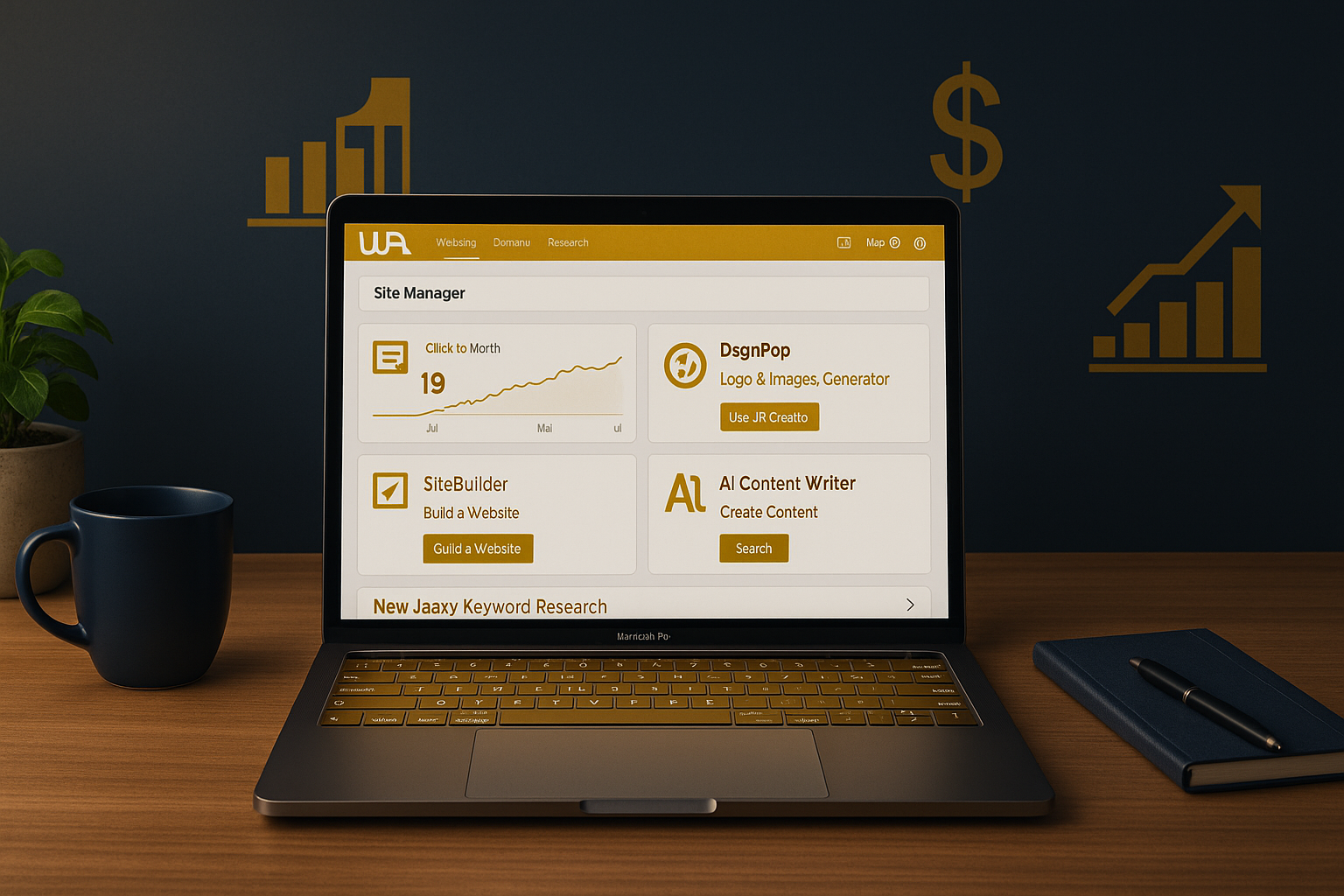 Laptop on a desk showing a Wealthy Affiliate website dashboard with navy and gold colors, related to Wealthy Affiliate Free Trial.