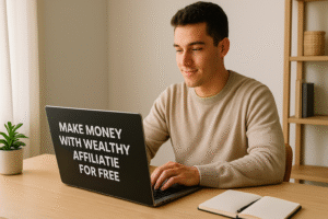 Person at a desk learning how to make money with Wealthy Affiliate for free on a laptop.