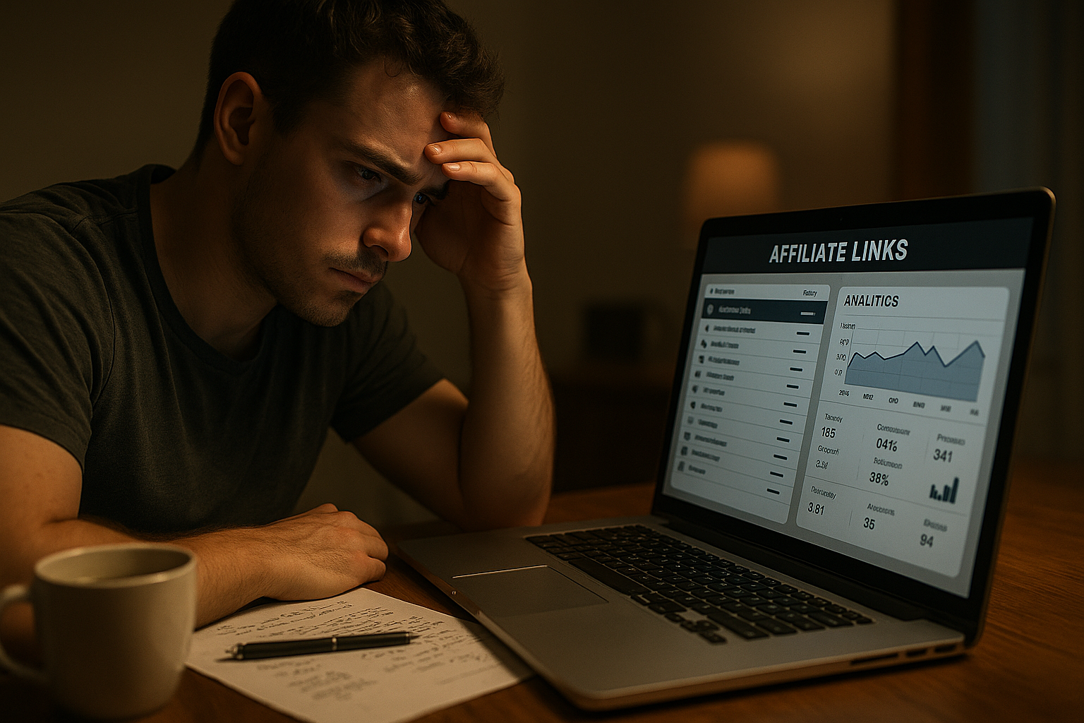 frustrated affiliate marketer facing common affiliate marketing mistakes before launching.