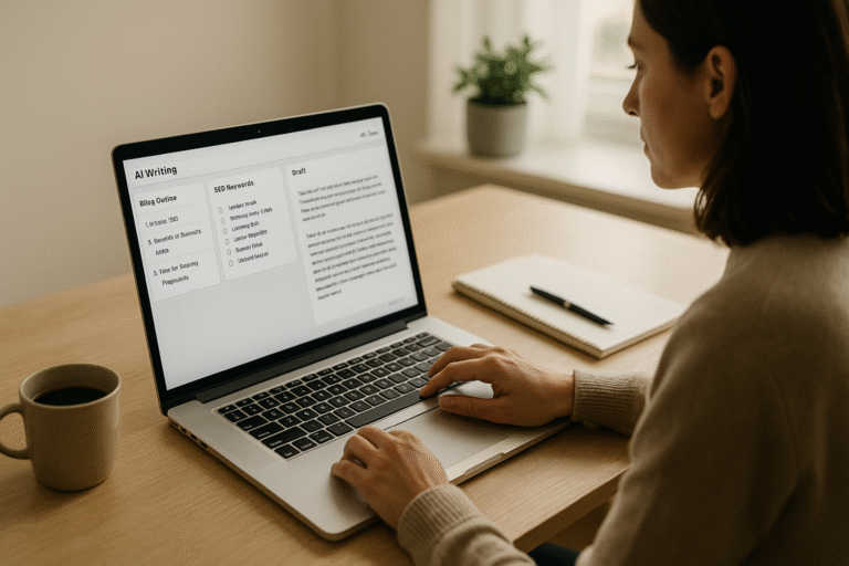 A blogger using content creation AI on a laptop to write and optimize blog posts efficiently.