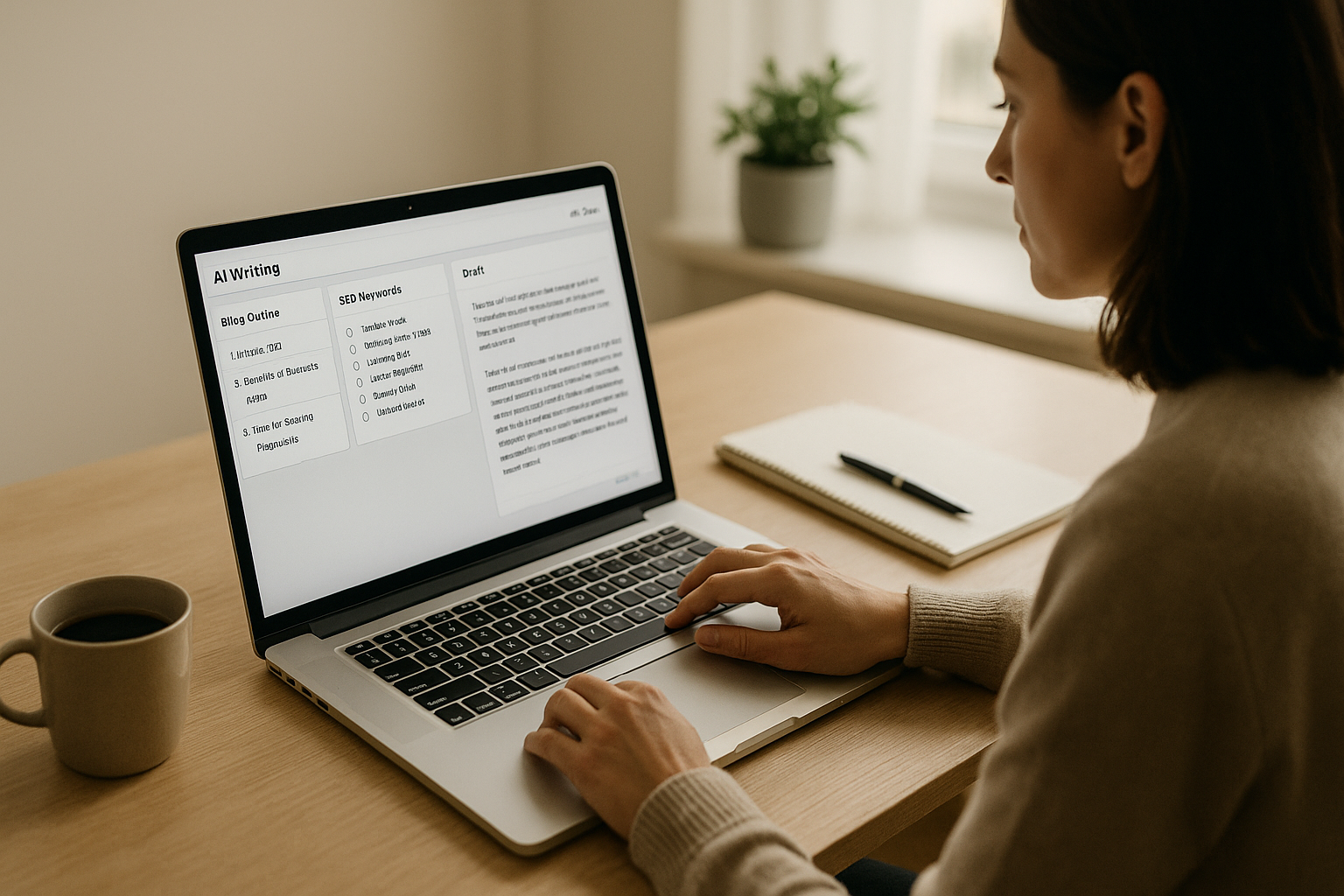 A blogger using content creation AI on a laptop to write and optimize blog posts efficiently.