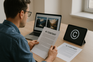 Person researching AI-generated content copyright with laptop and printed materials showing copyright symbols.