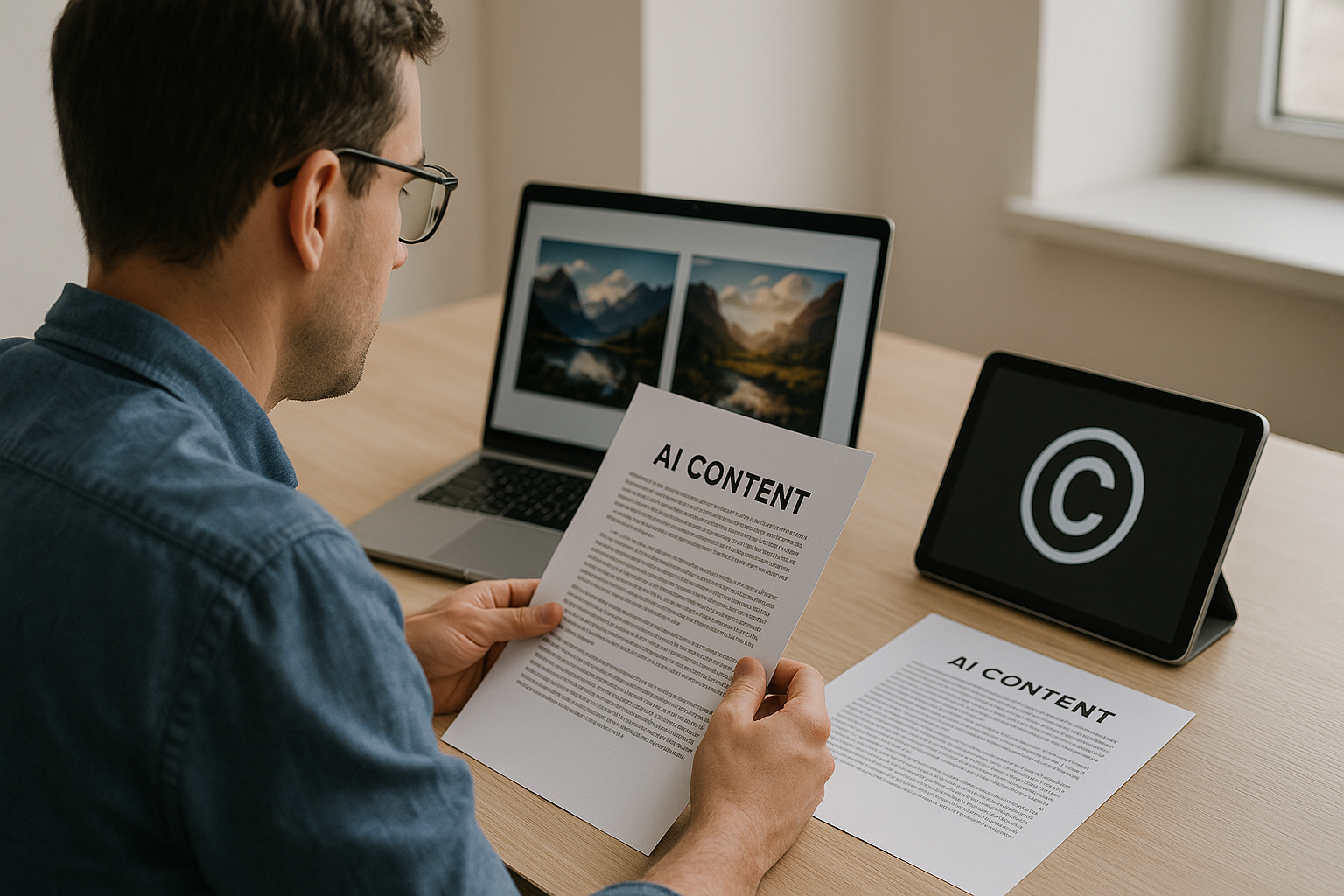 Person researching AI-generated content copyright with laptop and printed materials showing copyright symbols.