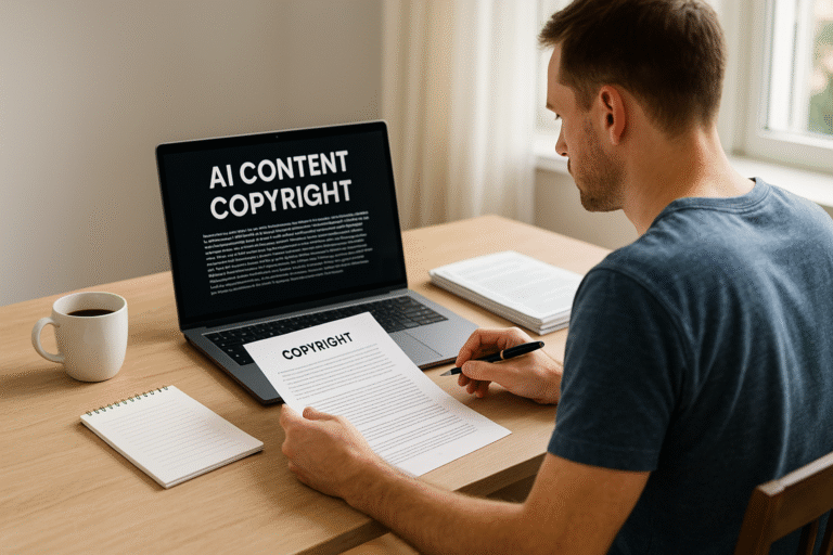 Blogger reviewing AI content copyright paperwork and laptop screen showing AI-generated text.