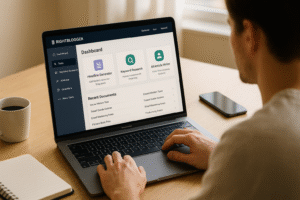 Blogger using RightBlogger platform to create SEO-optimized blog posts on a clean modern workspace.