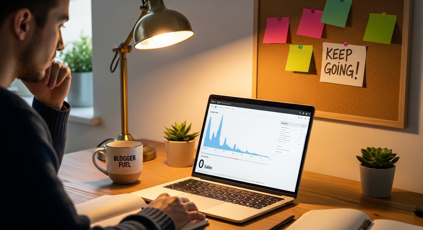 Blogger analyzing traffic data to fix an affiliate blog post that got 500 visits but 0 sales.