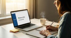 Entrepreneur studying Wealthy Affiliate’s step-by-step training on a laptop with notes and coffee nearby.