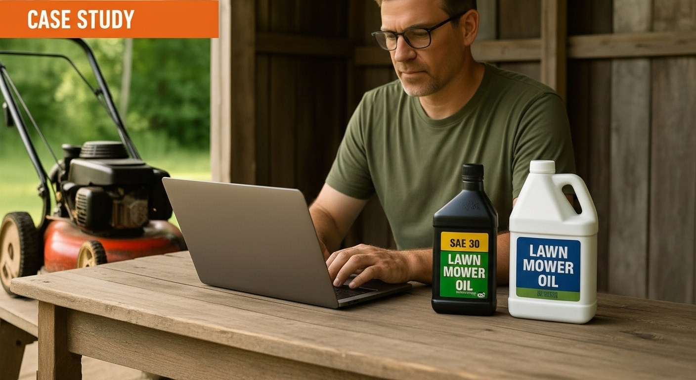 A man working on his laptop next to a lawn mower and oil bottles, showing lawn mower oil affiliate marketing success.