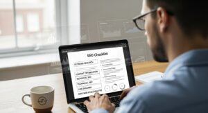 Blogger updating a post to optimize for search engines in 2025 with clear headings, intent notes, and internal links on a laptop screen.