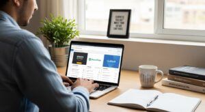 Beginner affiliate marketer researching the best affiliate programs for 2025 on a laptop.