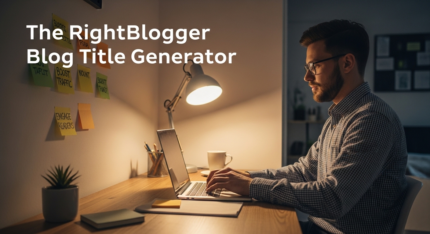 A confident blogger using the RightBlogger blog post title generator in a modern workspace surrounded by sticky notes with creative ideas, warm lighting, and the headline “The RightBlogger Blog Title Generator” displayed at the top.
