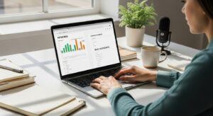 A blogger at a clean desk working on niche authority content with a laptop showing keyword data and notes labeled “Build Authority.”