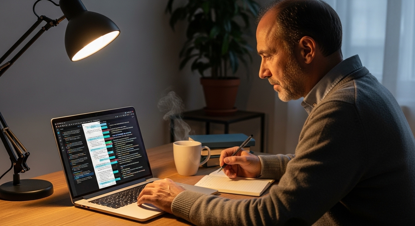 A man writing authentic affiliate reviews using both AI and personal notes to keep his content real.