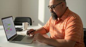 Blogger editing AI-generated content on a laptop, busting common myths about AI content creation.