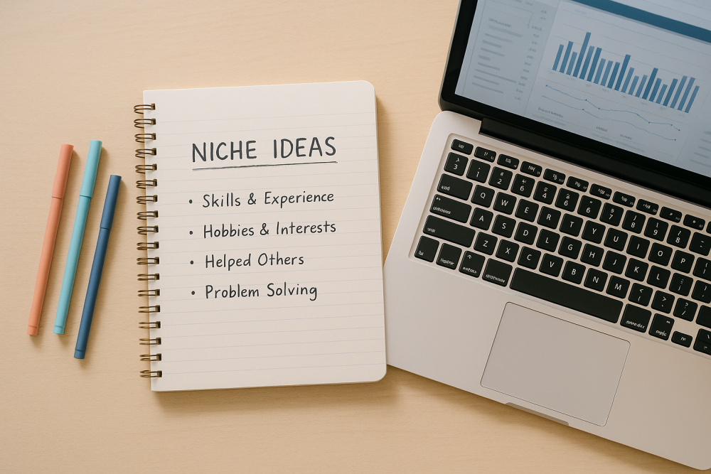 Entrepreneur researching how to choose a business niche using keyword tools and brainstorming ideas.