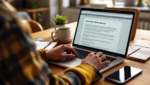 Beginner showing how to start affiliate marketing with no money, working on a laptop at a kitchen table with coffee and notes.