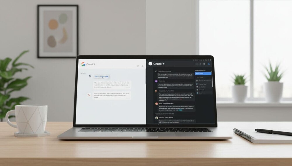 Google Bard vs ChatGPT Free comparison showing both AI tools side by side on a laptop screen.