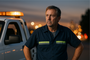Tow truck driver at dusk beside his white truck, reflecting the journey that led to Wealth With Mike and building a real income online.