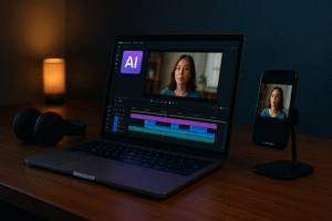 A laptop showing an AI video editor timeline, used to explain free AI video content generators.